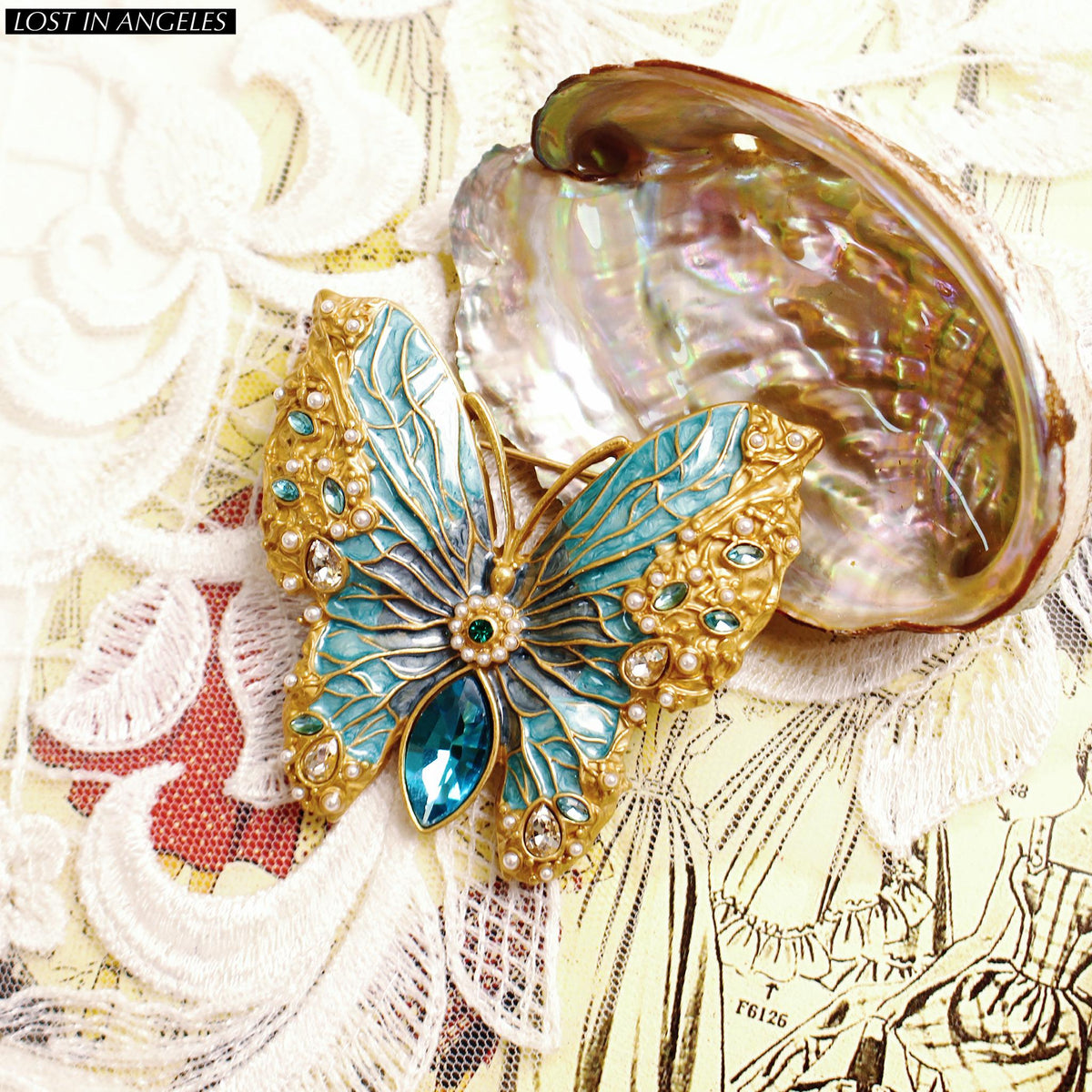 French Vintage Style Blue Enamel Butterfly Brooch, Gold Plated Filigree Pin