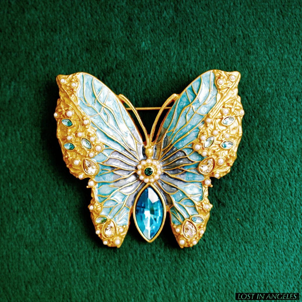 French Vintage Style Blue Enamel Butterfly Brooch, Gold Plated Filigree Pin