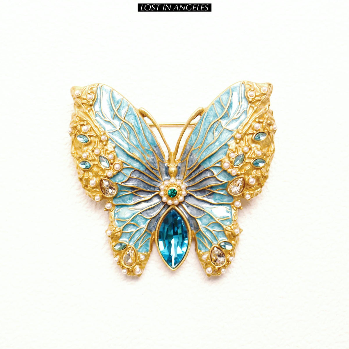 French Vintage Style Blue Enamel Butterfly Brooch, Gold Plated Filigree Pin
