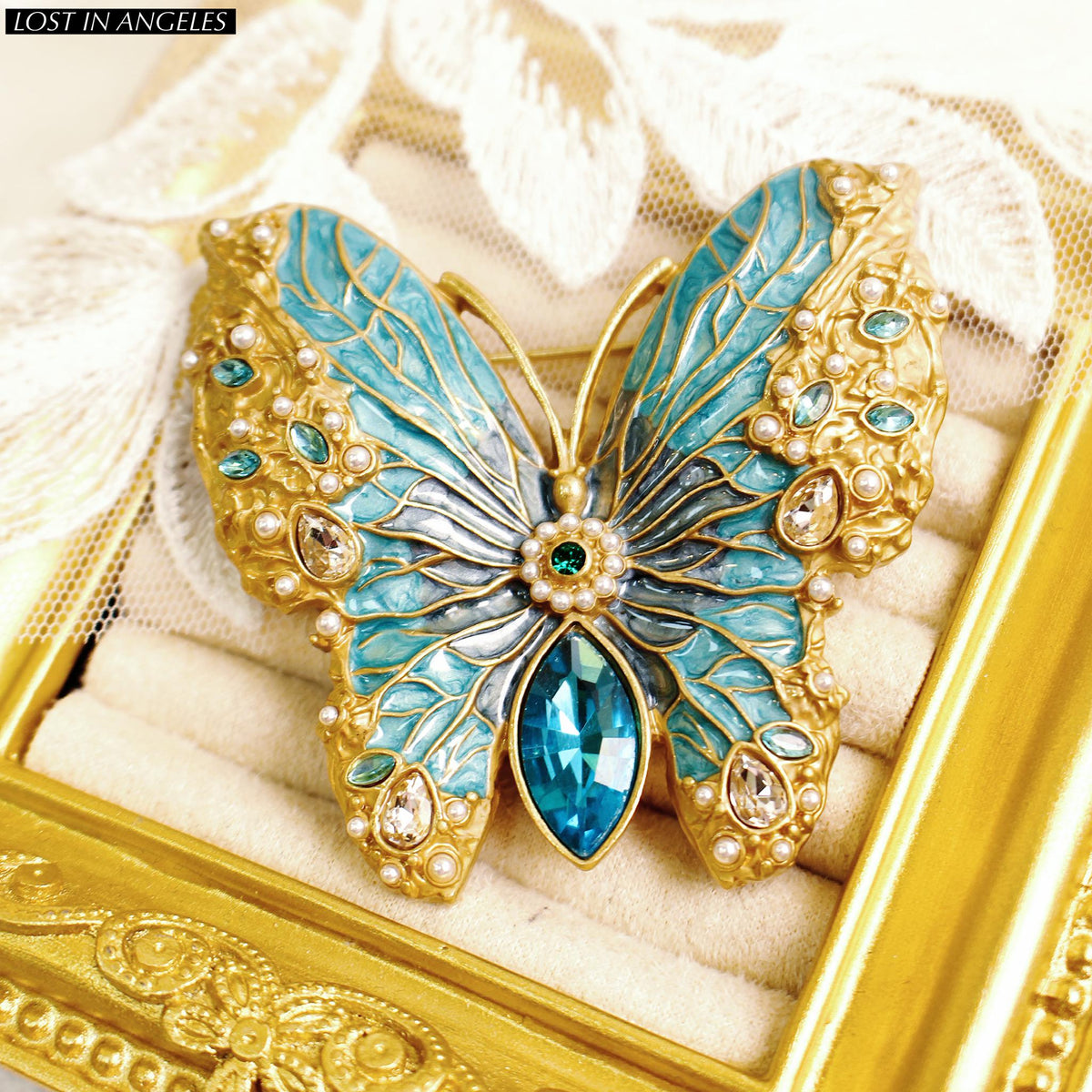 French Vintage Style Blue Enamel Butterfly Brooch, Gold Plated Filigree Pin