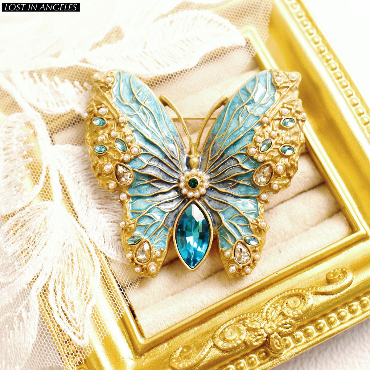 French Vintage Style Blue Enamel Butterfly Brooch, Gold Plated Filigree Pin
