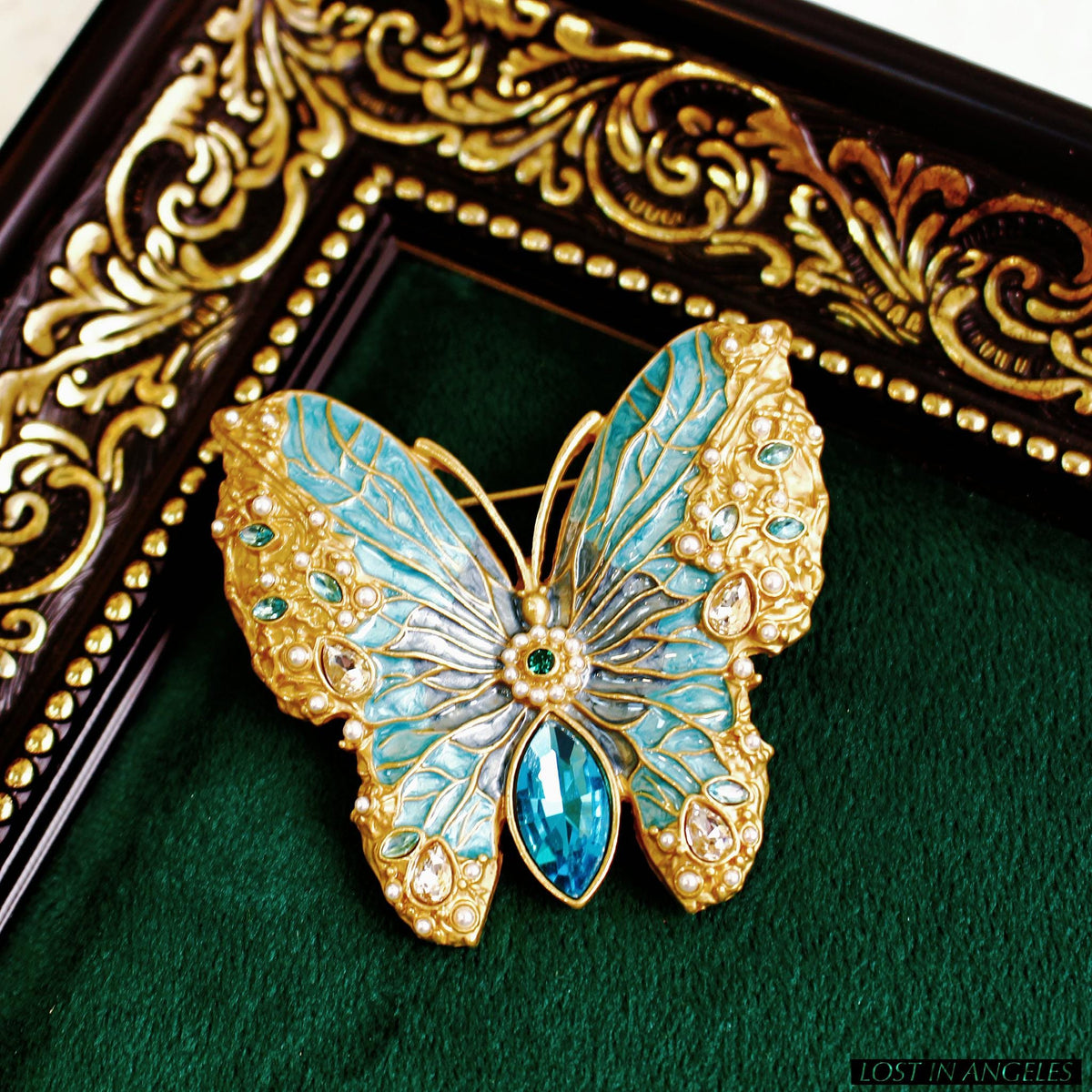 French Vintage Style Blue Enamel Butterfly Brooch, Gold Plated Filigree Pin
