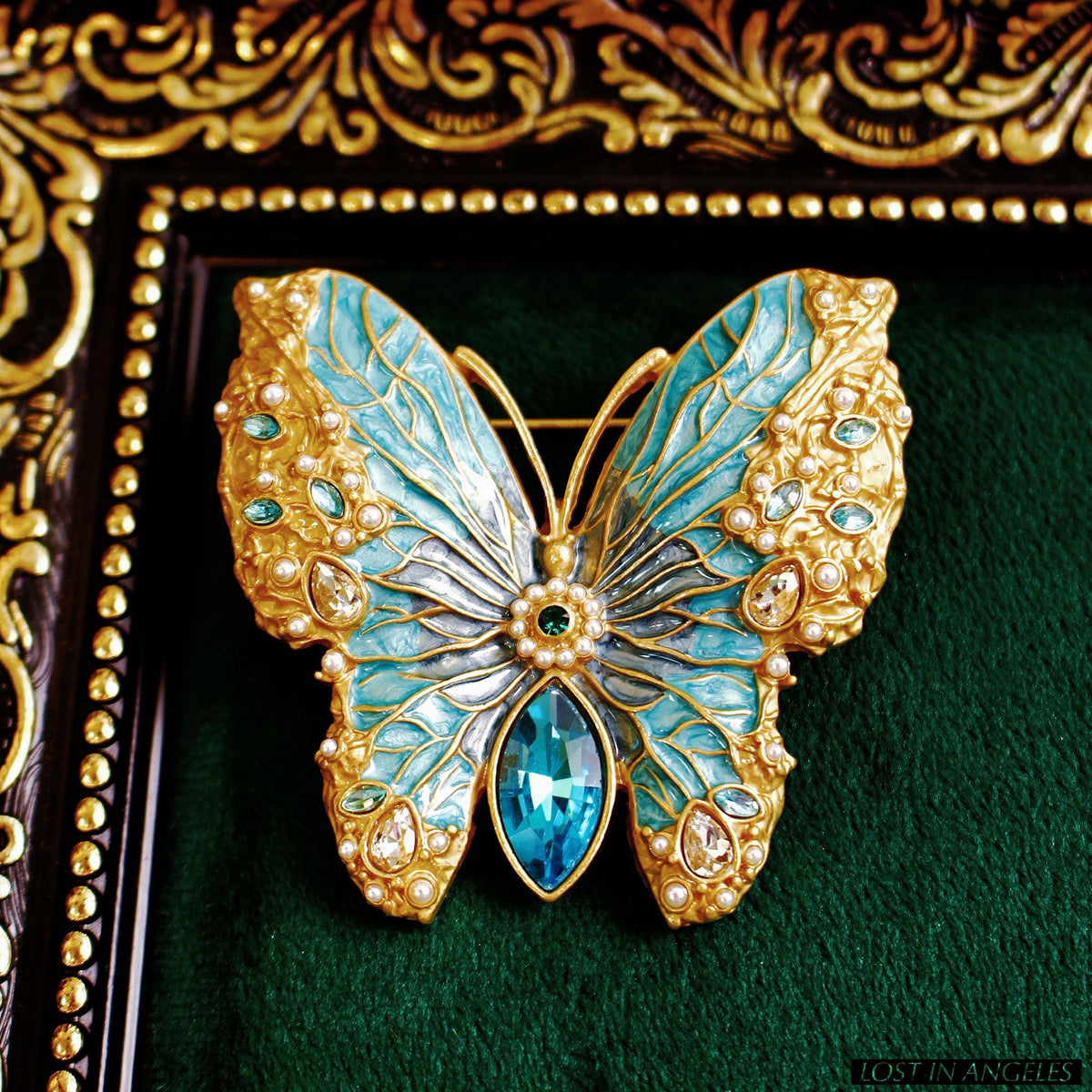French Vintage Style Blue Enamel Butterfly Brooch, Gold Plated Filigree Pin
