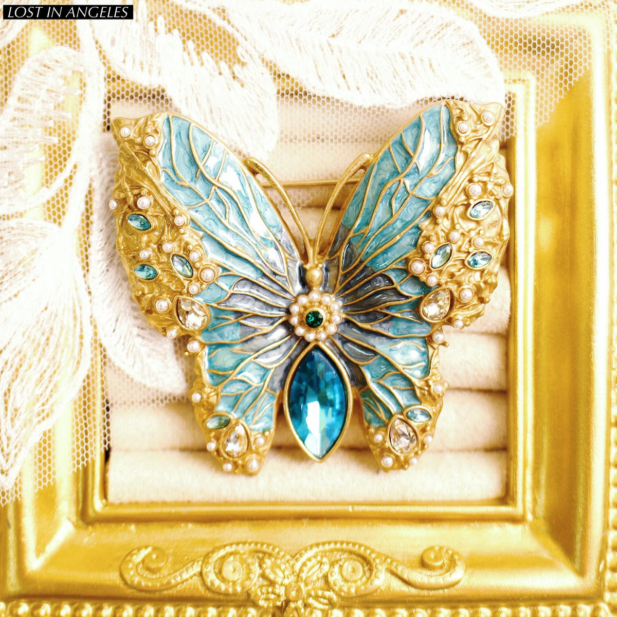 French Vintage Style Blue Enamel Butterfly Brooch, Gold Plated Filigree Pin