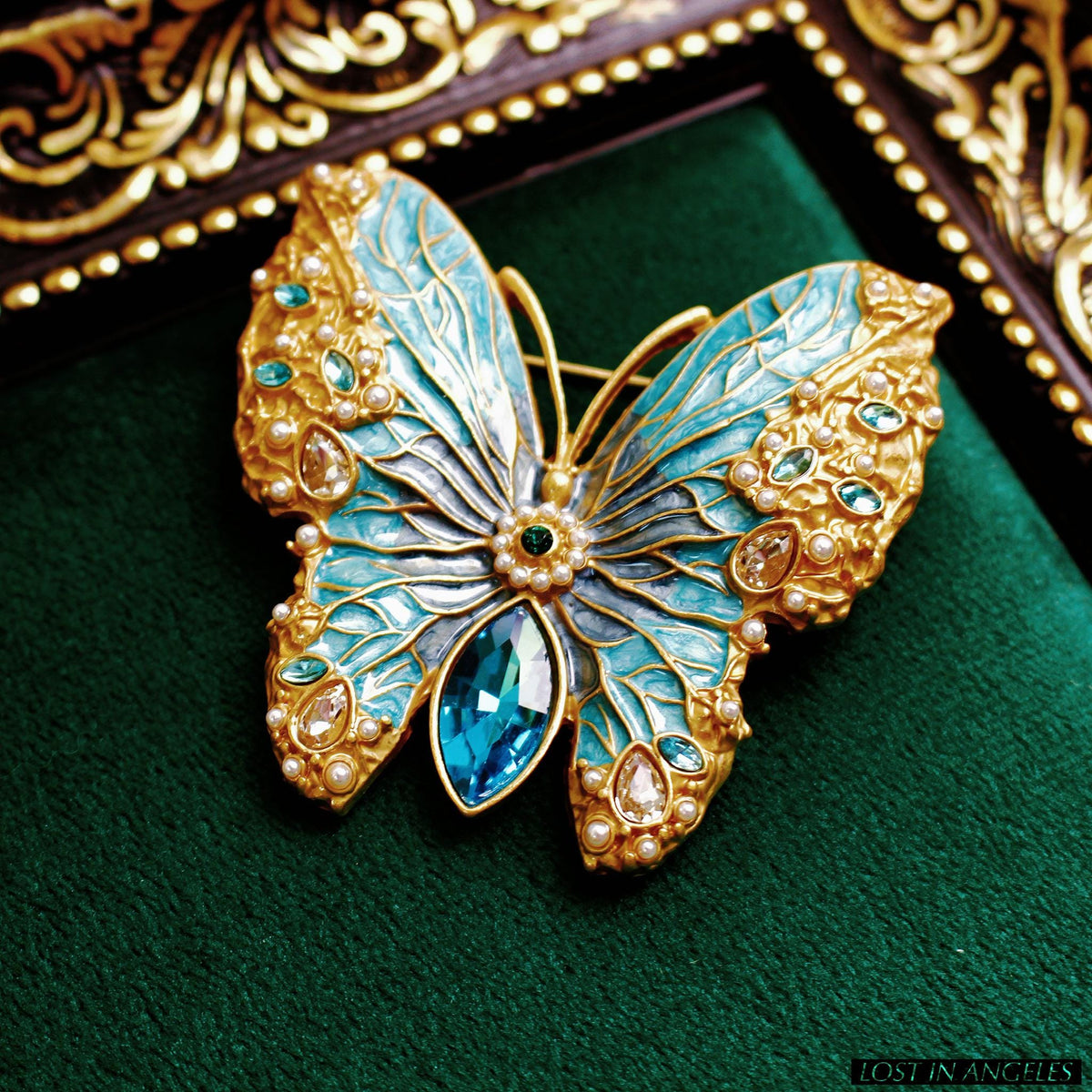 French Vintage Style Blue Enamel Butterfly Brooch, Gold Plated Filigree Pin