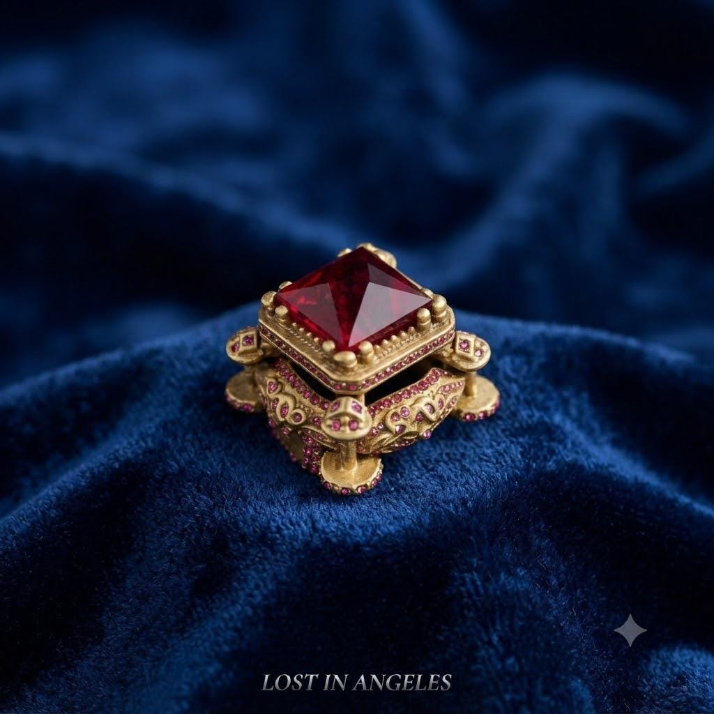 Vintage Castle Cocktail Ring – Ruby Red Crystal, Pink Rhinestones, Adjustable Band