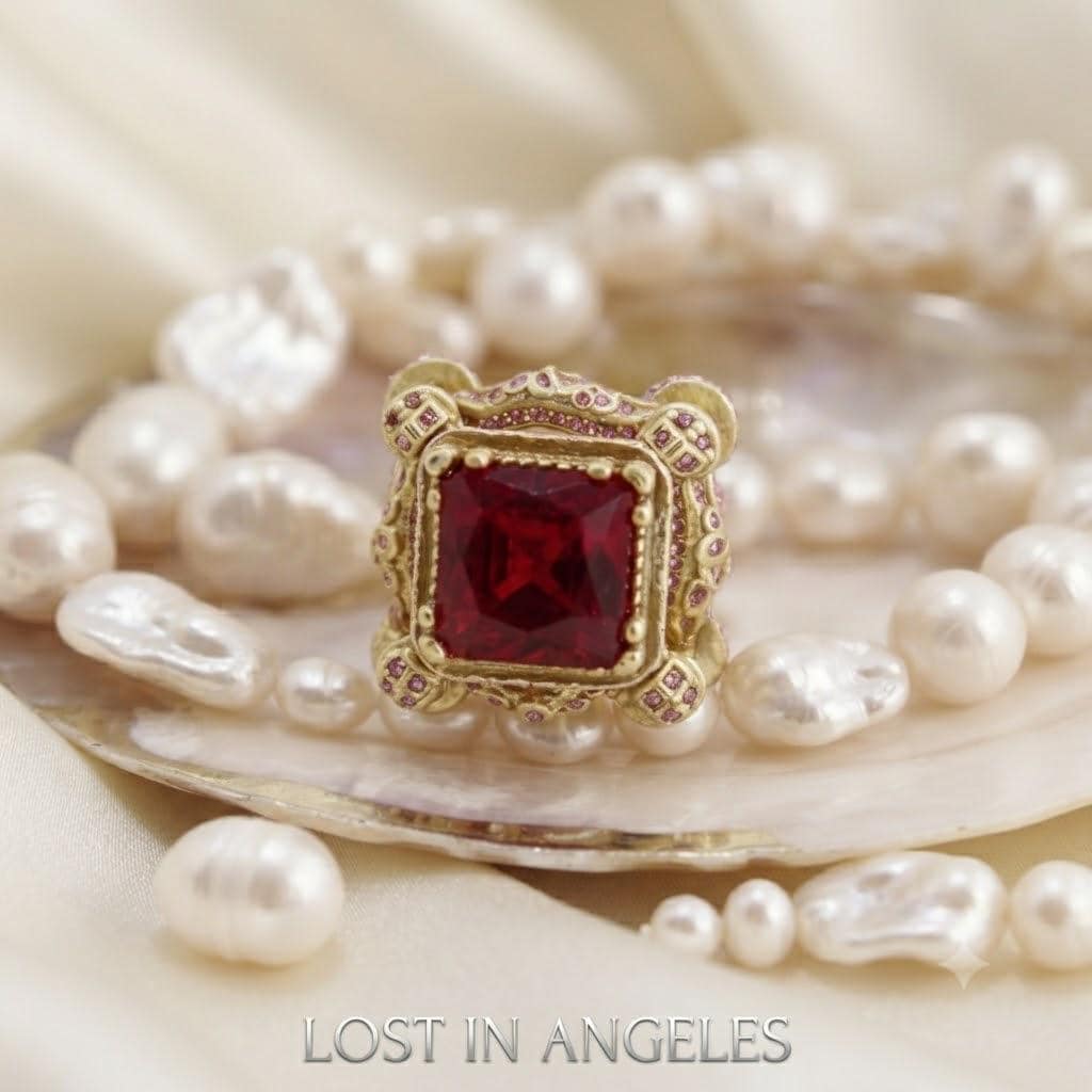 Vintage Castle Cocktail Ring – Ruby Red Crystal, Pink Rhinestones, Adjustable Band