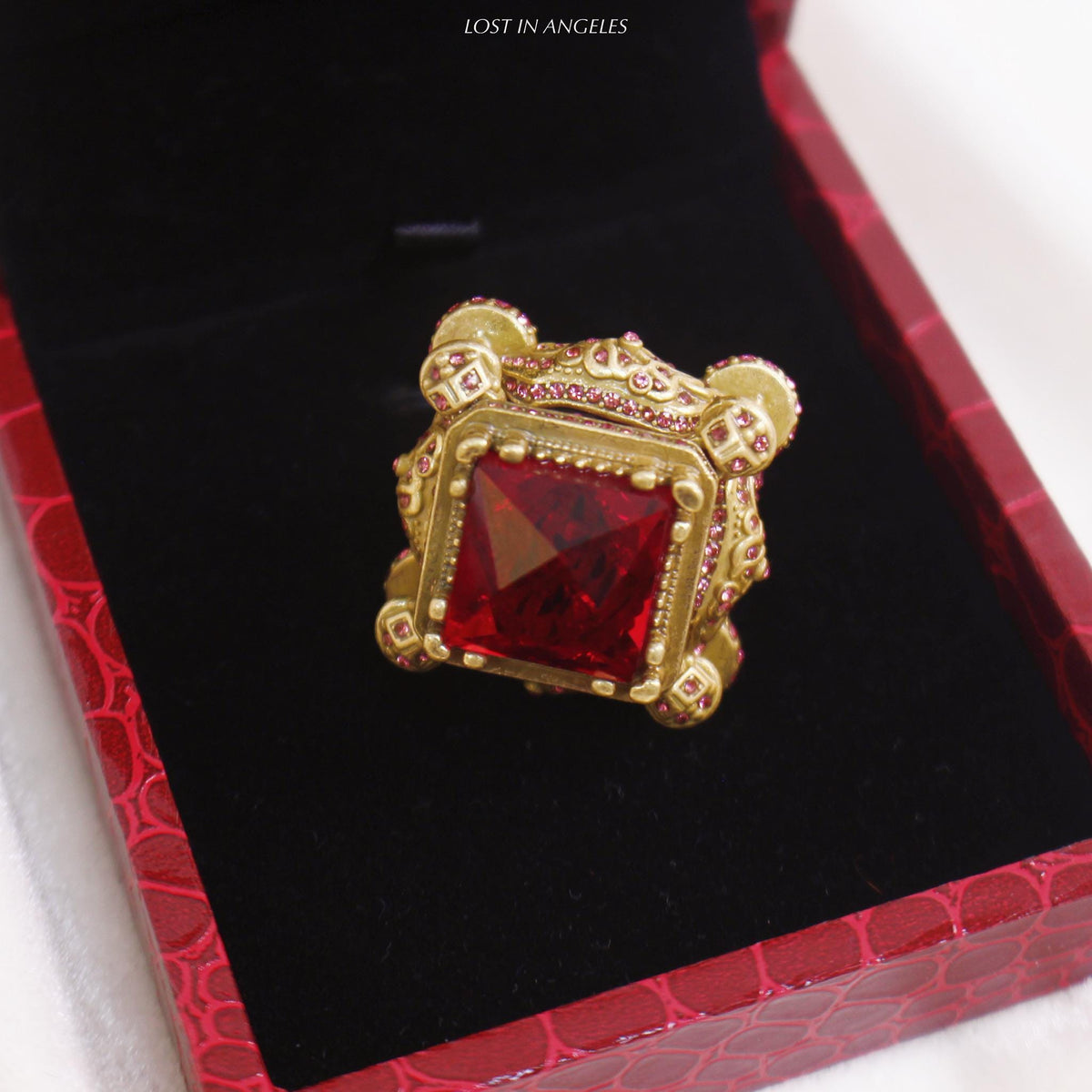 Vintage Castle Cocktail Ring – Ruby Red Crystal, Pink Rhinestones, Adjustable Band
