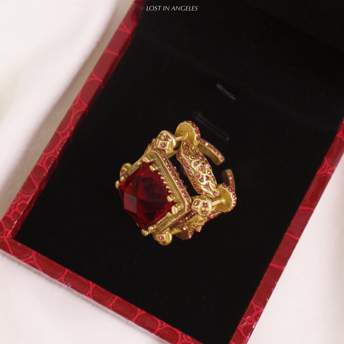 Vintage Castle Cocktail Ring – Ruby Red Crystal, Pink Rhinestones, Adjustable Band