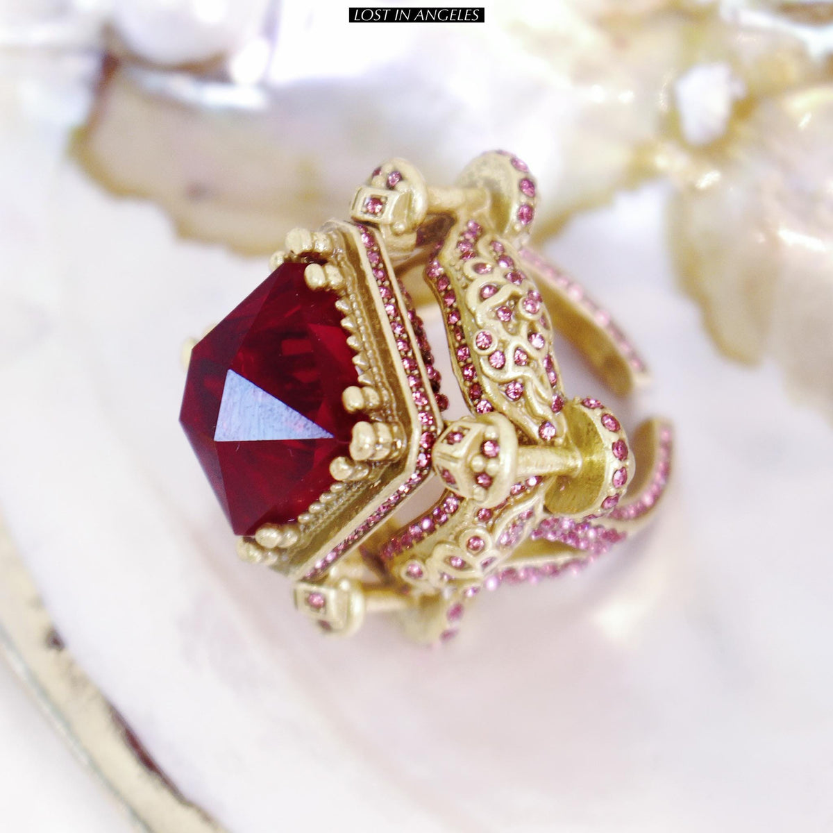 Vintage Castle Cocktail Ring – Ruby Red Crystal, Pink Rhinestones, Adjustable Band