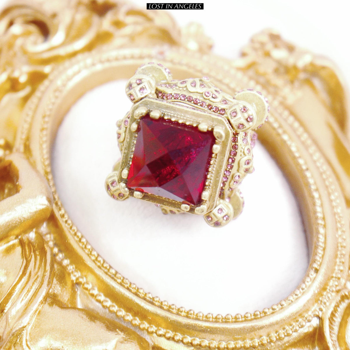 Vintage Castle Cocktail Ring – Ruby Red Crystal, Pink Rhinestones, Adjustable Band