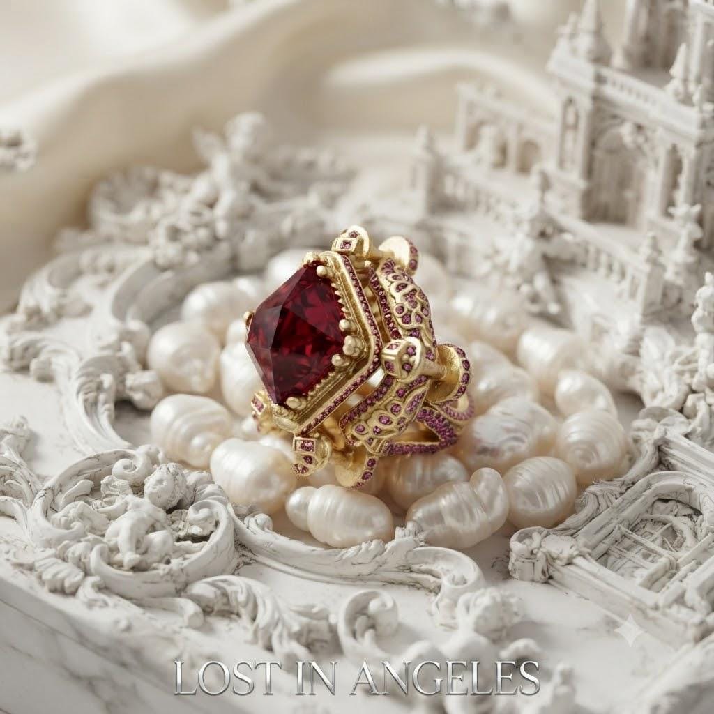 Vintage Castle Cocktail Ring – Ruby Red Crystal, Pink Rhinestones, Adjustable Band