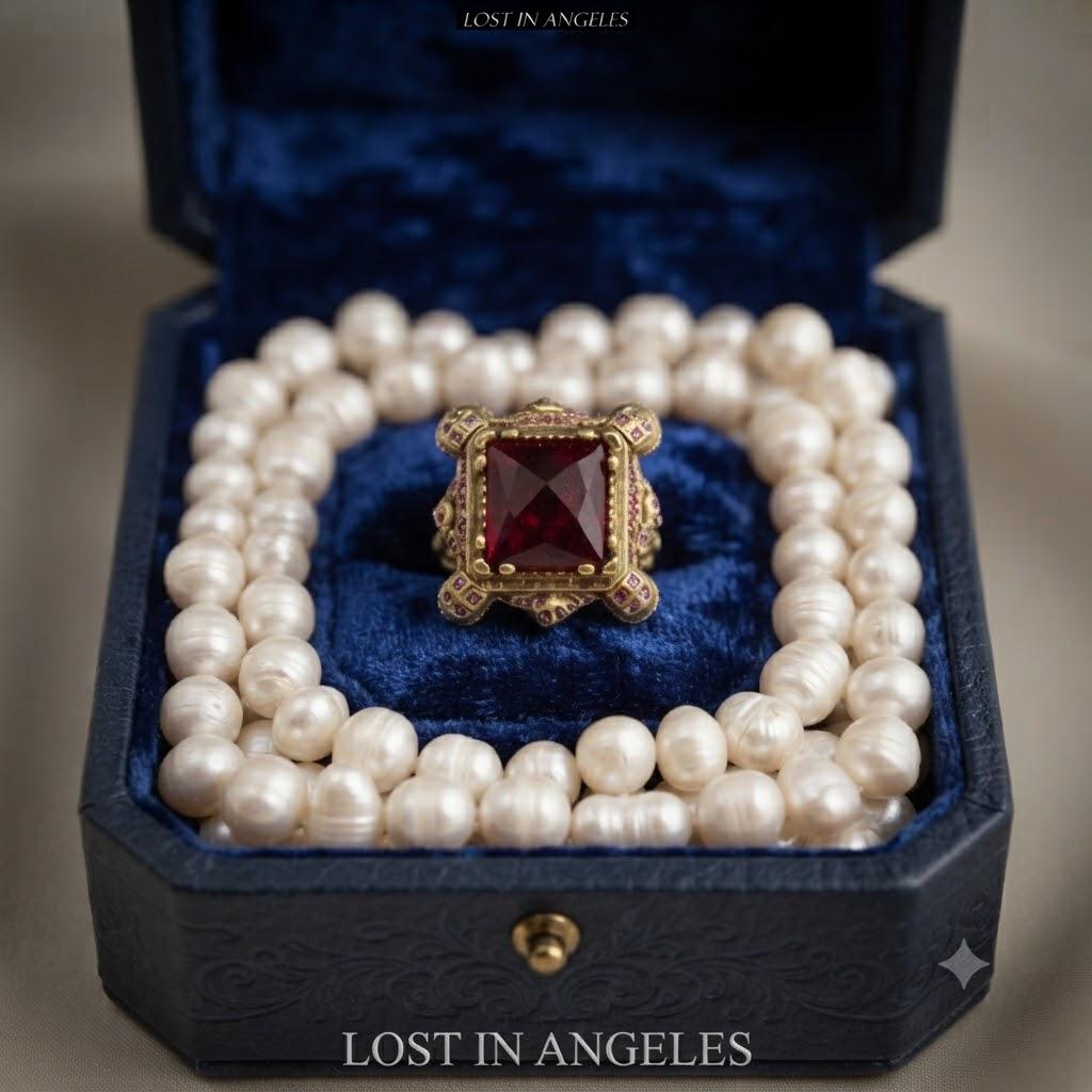Vintage Castle Cocktail Ring – Ruby Red Crystal, Pink Rhinestones, Adjustable Band