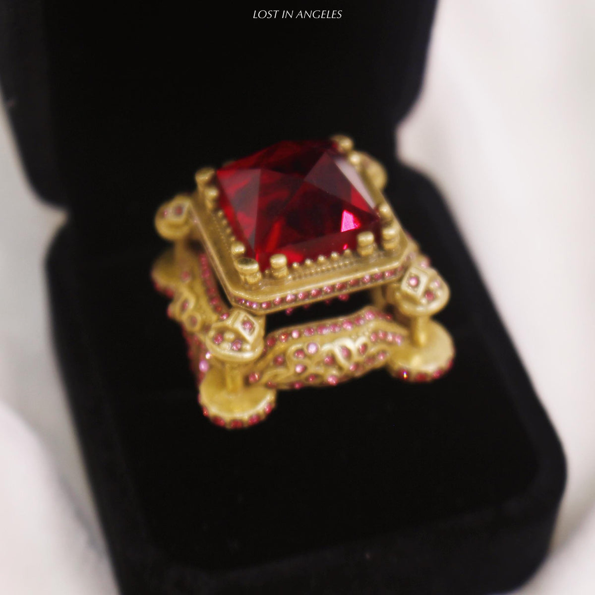 Vintage Castle Cocktail Ring – Ruby Red Crystal, Pink Rhinestones, Adjustable Band