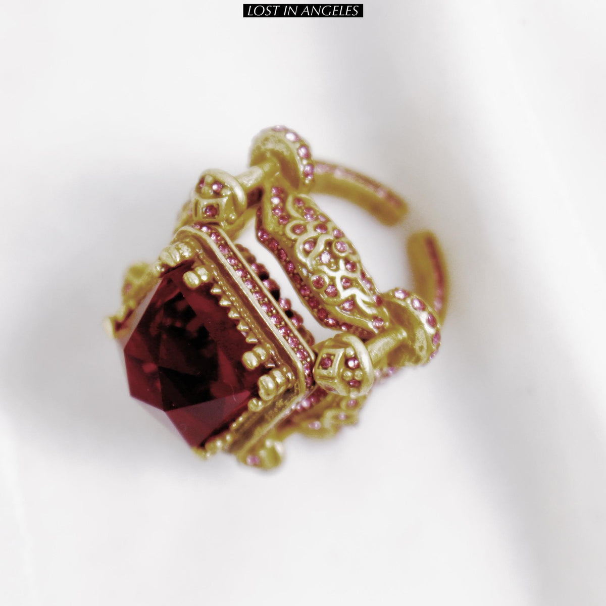 Vintage Castle Cocktail Ring – Ruby Red Crystal, Pink Rhinestones, Adjustable Band