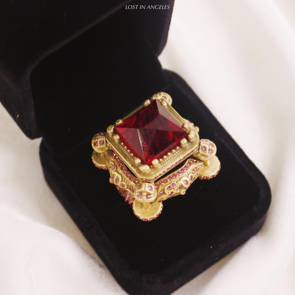 Vintage Castle Cocktail Ring – Ruby Red Crystal, Pink Rhinestones, Adjustable Band