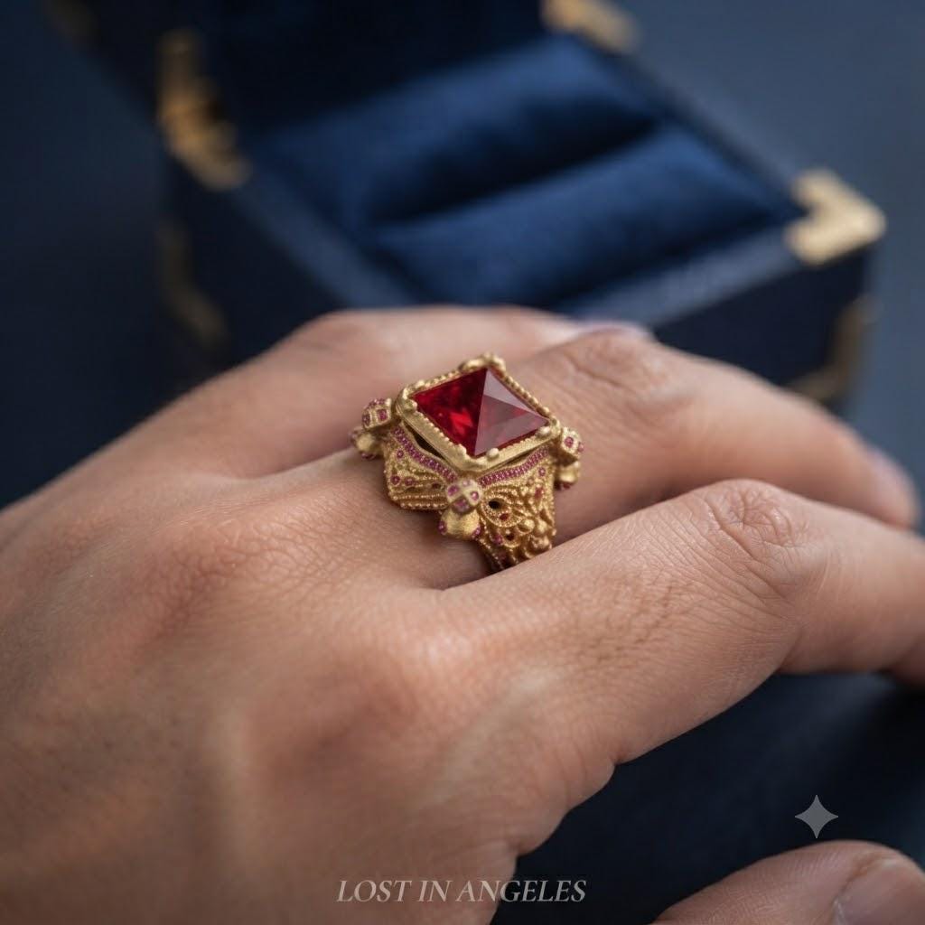 Vintage Castle Cocktail Ring – Ruby Red Crystal, Pink Rhinestones, Adjustable Band