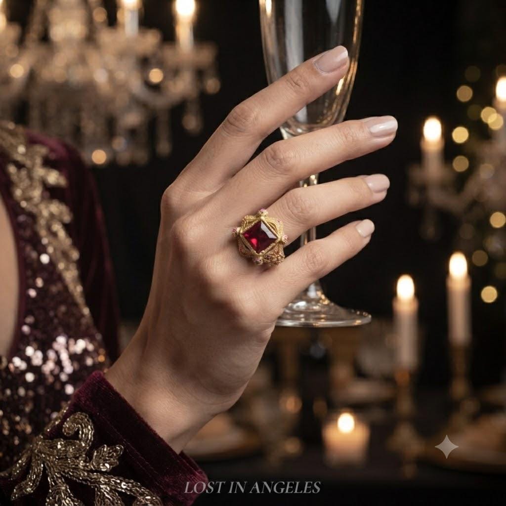 Vintage Castle Cocktail Ring – Ruby Red Crystal, Pink Rhinestones, Adjustable Band