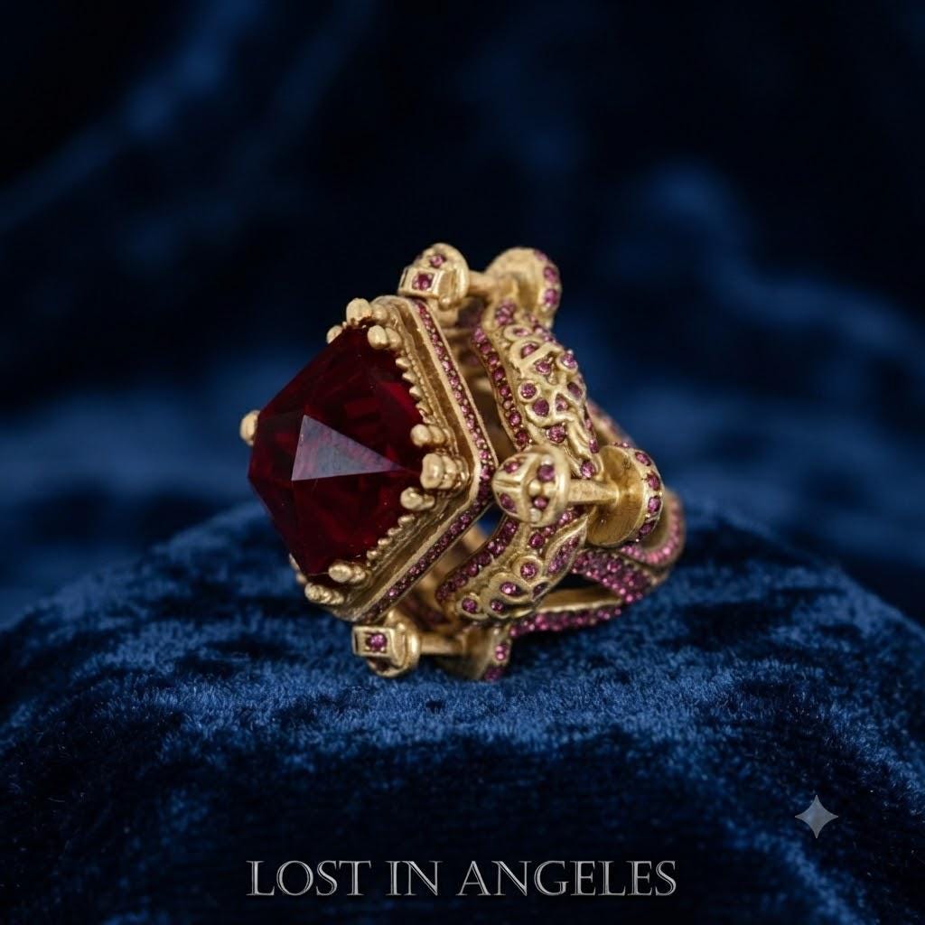 Vintage Castle Cocktail Ring – Ruby Red Crystal, Pink Rhinestones, Adjustable Band