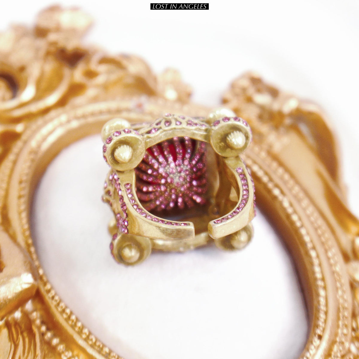 Vintage Castle Cocktail Ring – Ruby Red Crystal, Pink Rhinestones, Adjustable Band