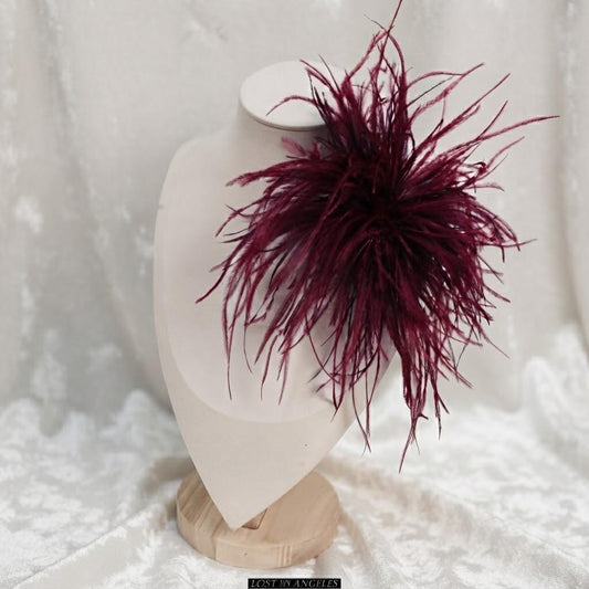Handmade Burgundy Feather Flower Brooch – 5.9" Fascinator for Derby, Ascot, Weddings