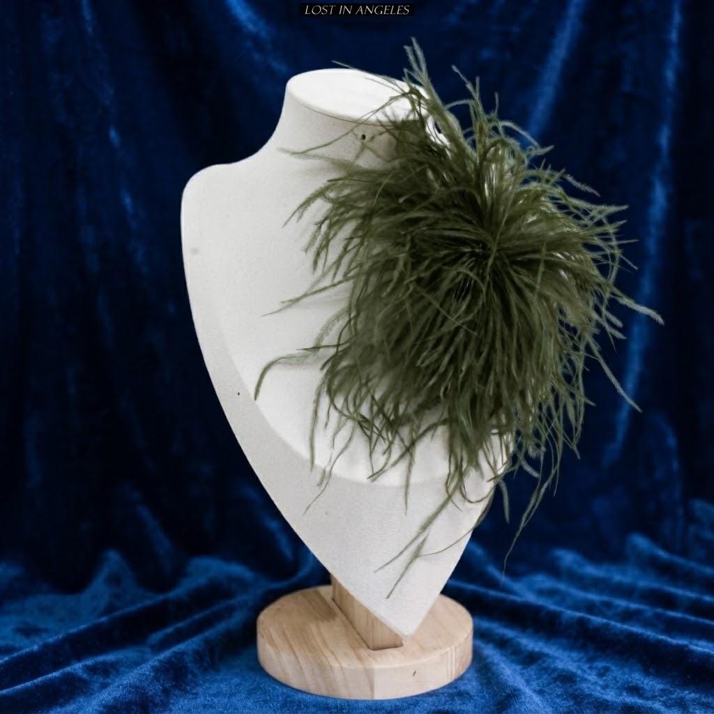 Handmade Olive Green Feather Flower Brooch – Statement Floral Pin, Vintage Gold Corsage (5.9inches)