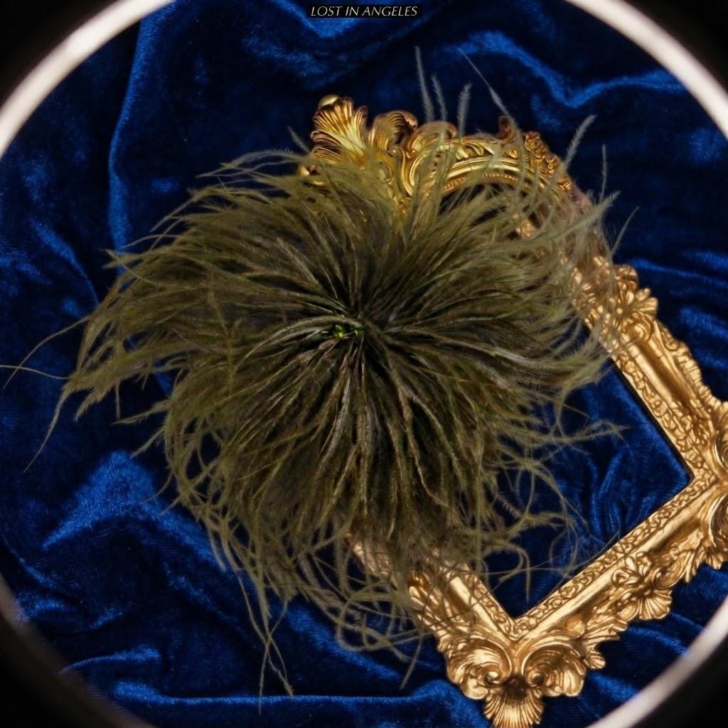 Handmade Olive Green Feather Flower Brooch – Statement Floral Pin, Vintage Gold Corsage (5.9inches)