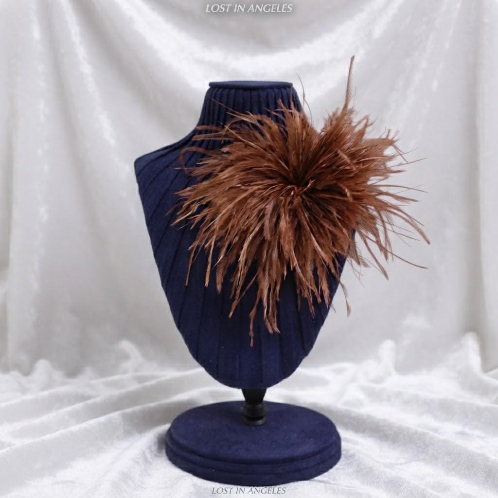 Handmade Coffee Brown Feather Flower Brooch – Statement Floral Pin, Vintage Gold Corsage (5.9inches)
