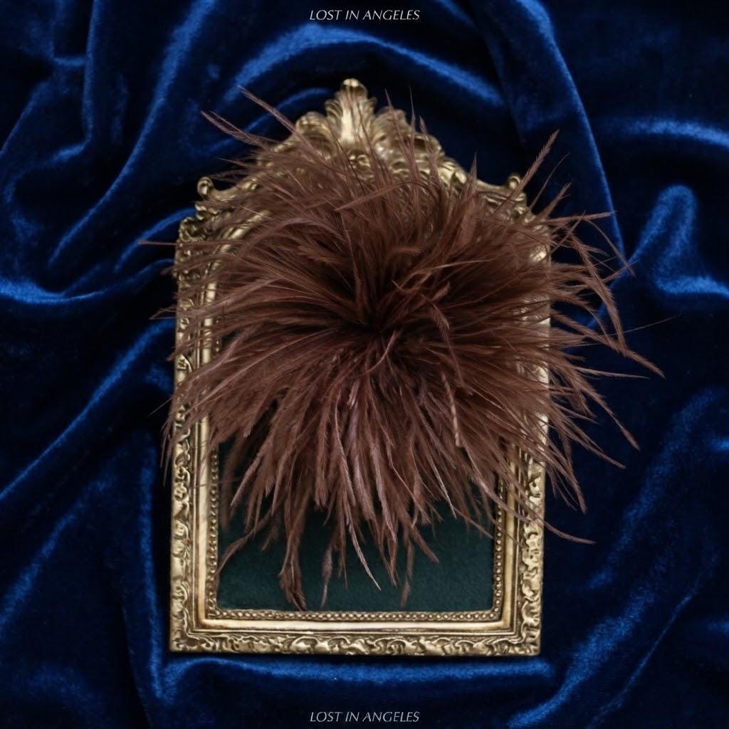 Handmade Coffee Brown Feather Flower Brooch – Statement Floral Pin, Vintage Gold Corsage (5.9inches)