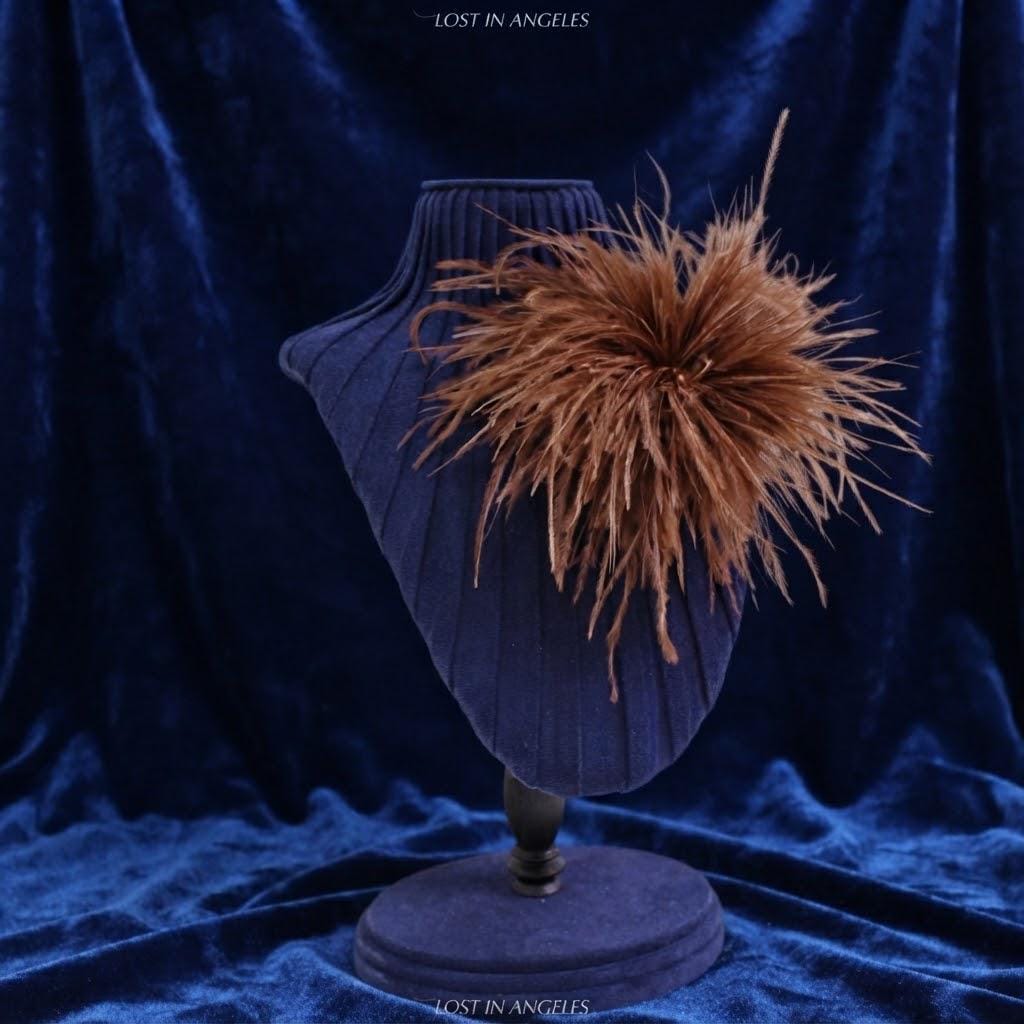 Handmade Coffee Brown Feather Flower Brooch – Statement Floral Pin, Vintage Gold Corsage (5.9inches)