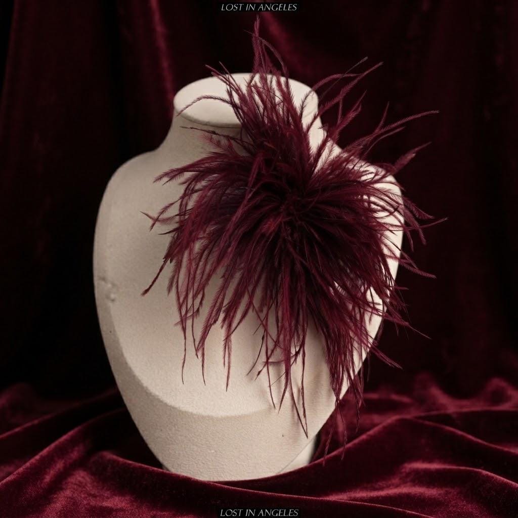 Handmade Burgundy Feather Flower Brooch – 5.9" Fascinator for Derby, Ascot, Weddings