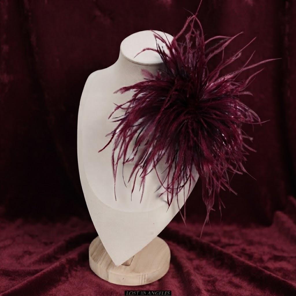 Handmade Burgundy Feather Flower Brooch – 5.9" Fascinator for Derby, Ascot, Weddings
