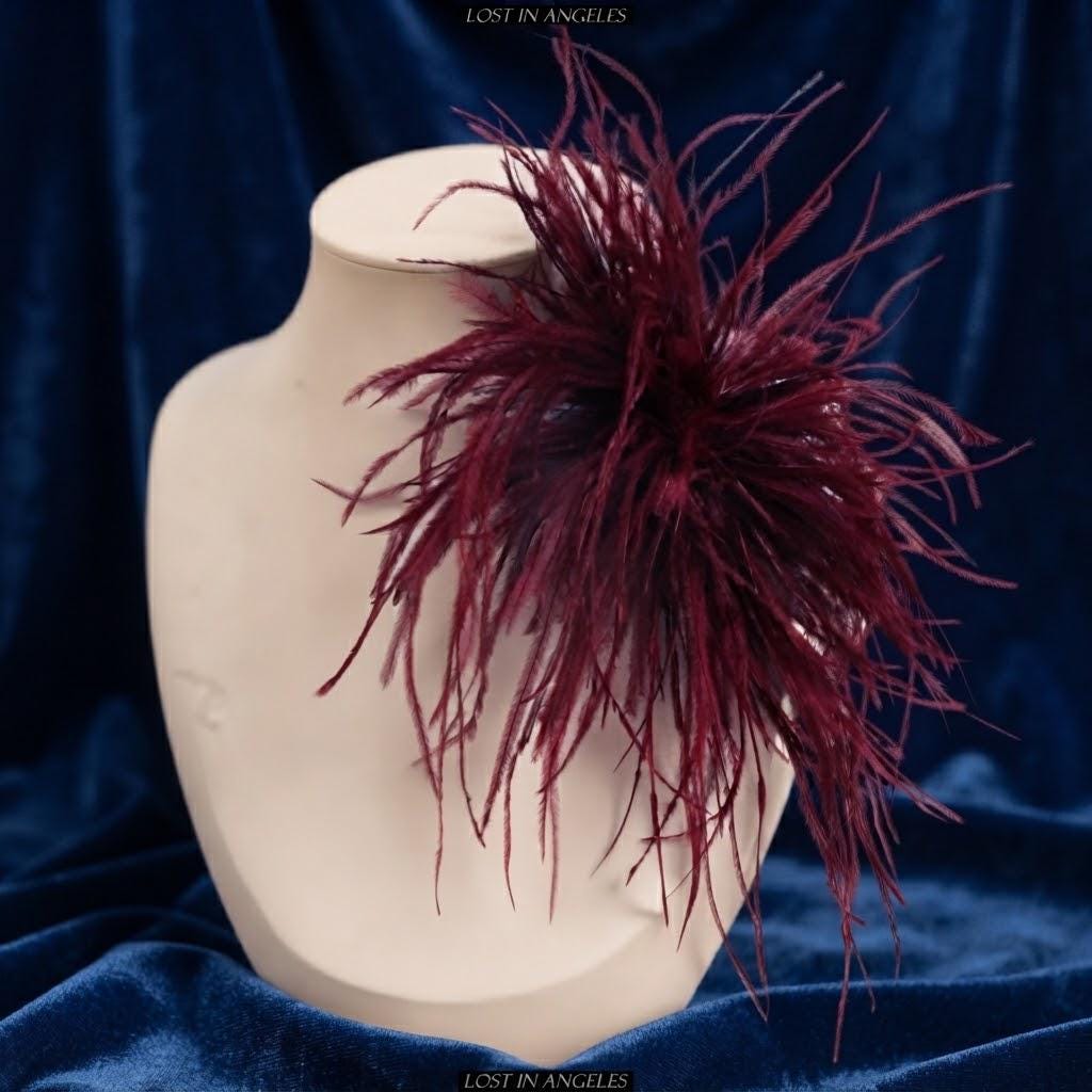 Handmade Burgundy Feather Flower Brooch – 5.9" Fascinator for Derby, Ascot, Weddings