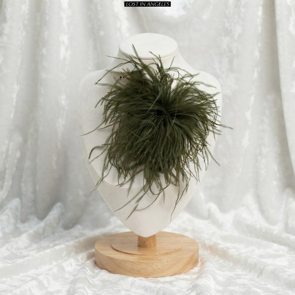 Handmade Olive Green Feather Flower Brooch – Statement Floral Pin, Vintage Gold Corsage (5.9inches)