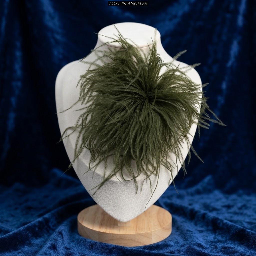Handmade Olive Green Feather Flower Brooch – Statement Floral Pin, Vintage Gold Corsage (5.9inches)
