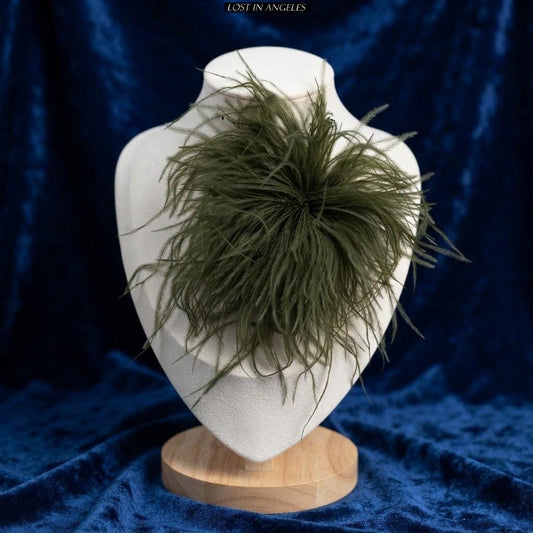 Handmade Olive Green Feather Flower Brooch – Statement Floral Pin, Vintage Gold Corsage (5.9inches)
