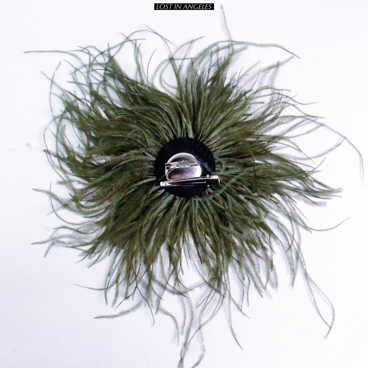Handmade Olive Green Feather Flower Brooch – Statement Floral Pin, Vintage Gold Corsage (5.9inches)