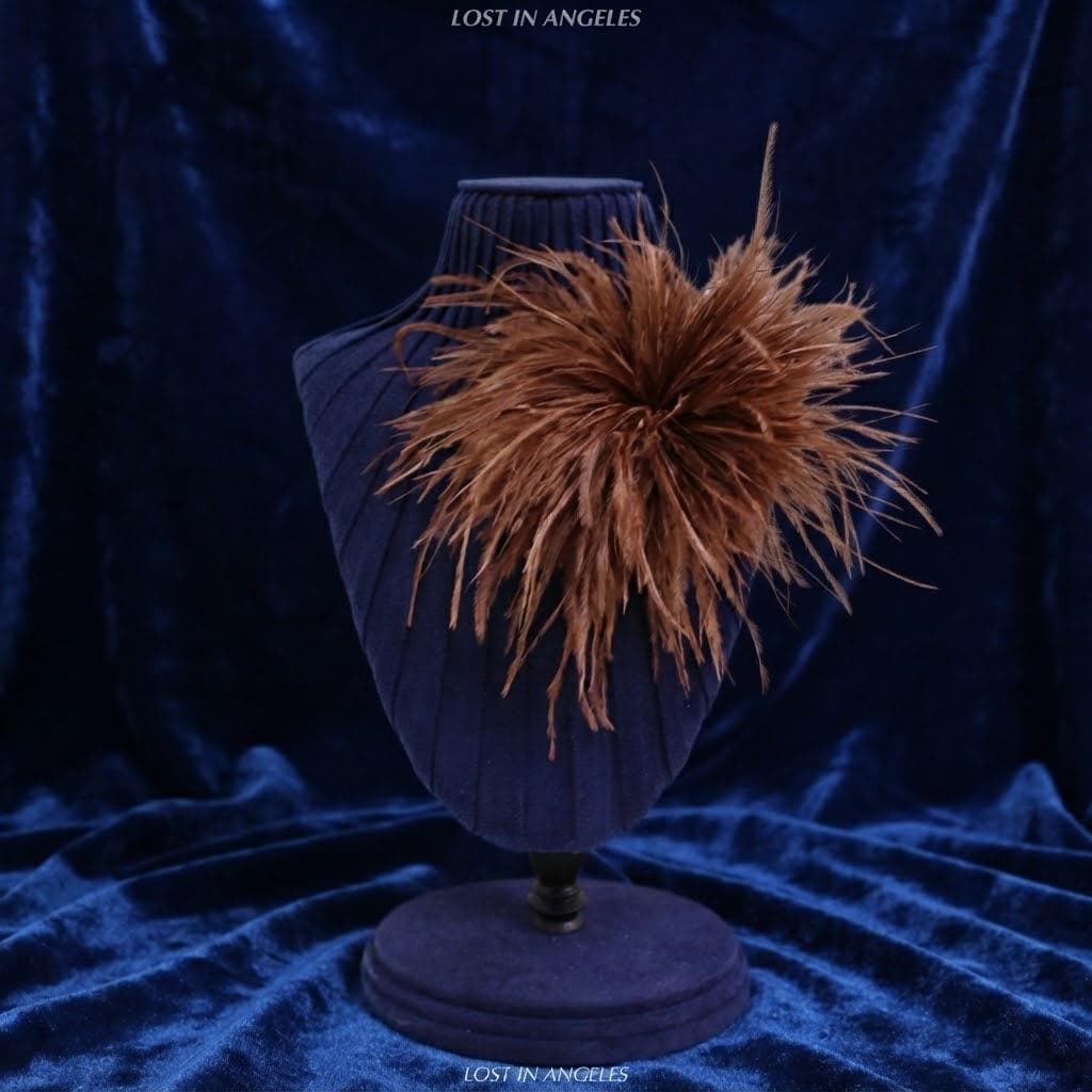 Handmade Coffee Brown Feather Flower Brooch – Statement Floral Pin, Vintage Gold Corsage (5.9inches)